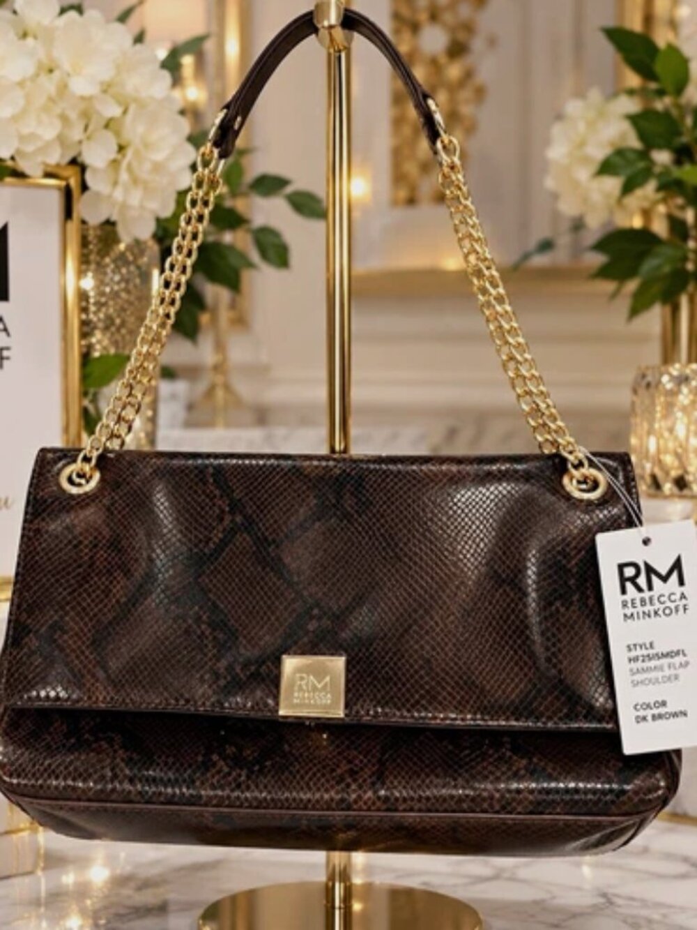 Rebecca Minkoff Sammie Flap Bag Dark Brown Snake Print NWT